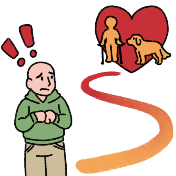  a person anxiously standing at a distance from their loved ones. They are a bald and wear a green hoodie and cargo pants. Above them are two red exclamation points. Their loved ones are a dog and an indistinct person using forearm crutches, and they stand in front of a red heart. A red and yellow path leads between the two